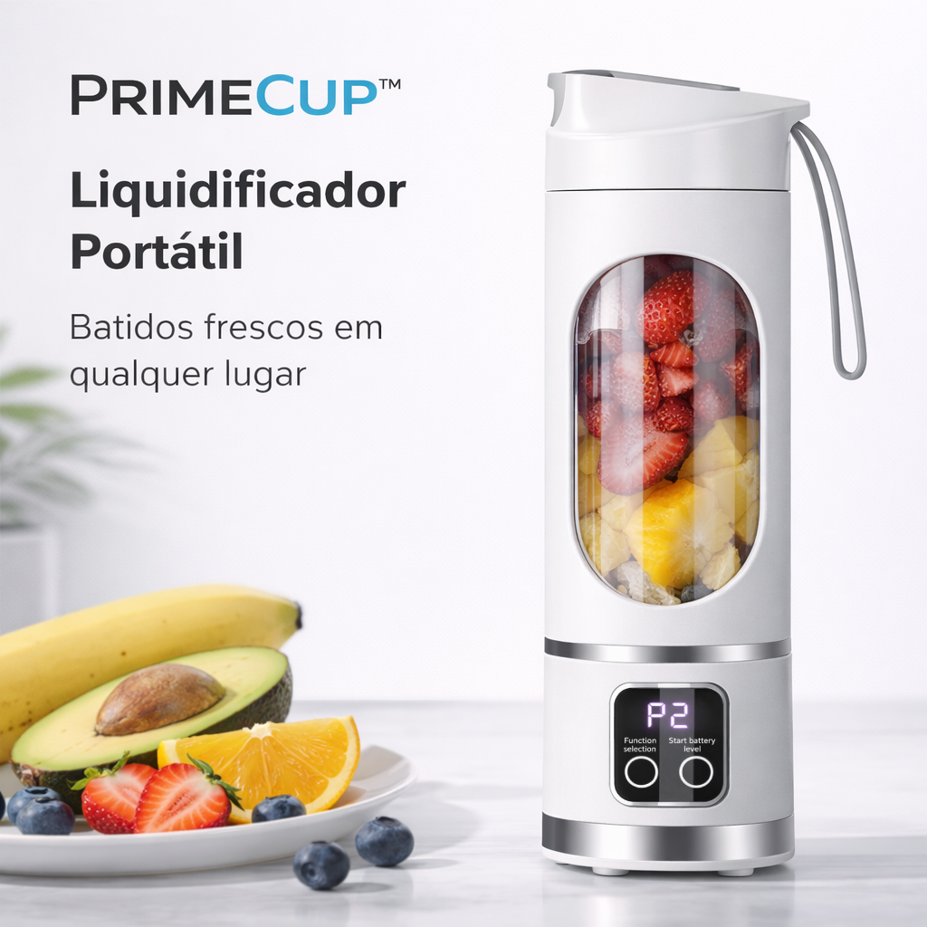Liquidificador portátil PrimeCup branco com frutas frescas - batidos em qualquer lugar